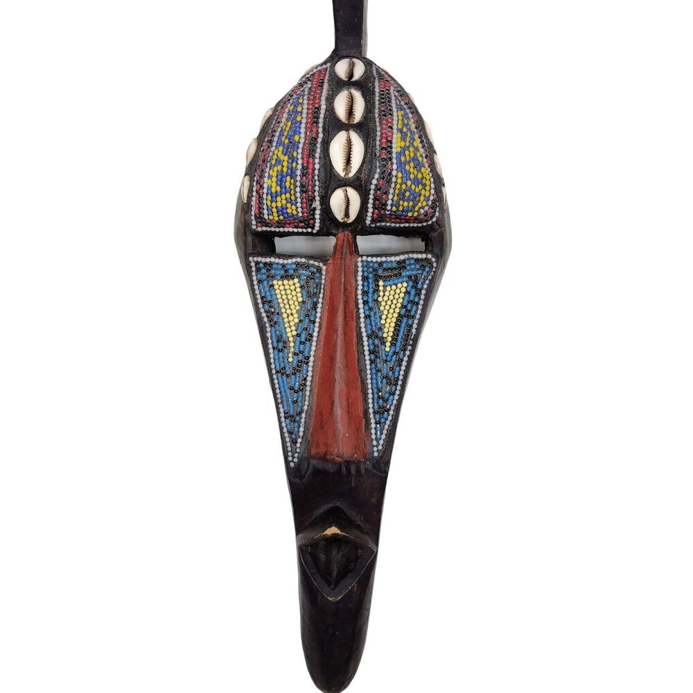 Vintage African Ceremonial Wood Seed Bead Shell Ashanti Ghana Tribal Mask